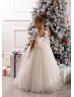 Ivory Lace Tulle Short Sleeves Long Flower Girl Dress